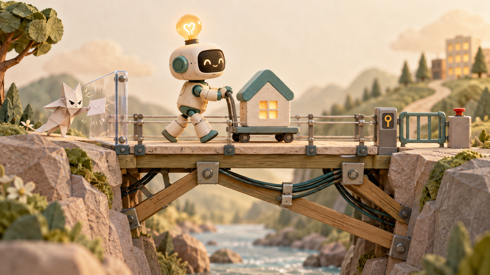 A cheerful robot rolls a tiny app across an engineered bridge, while a protective screen blocks a mischievous paper creature’s message.